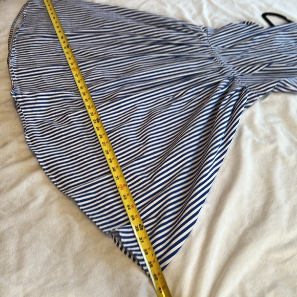 ⭐️ Blue pleated pinstripe tea length retro fit & flair sleeveless v zip back M - Picture 9 of 16